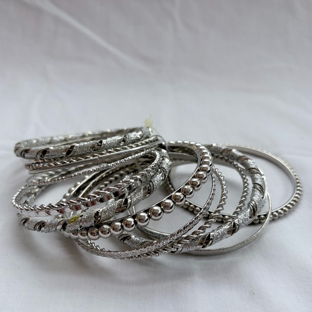 Two Bangle Sets Elegant Silver and Sparkly Gold